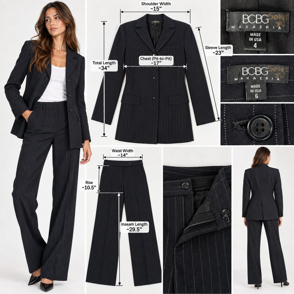 BCBG Max Azria 2-Piece Blazer & Pants Set Womens 4 (6) Black Pinstripe Career